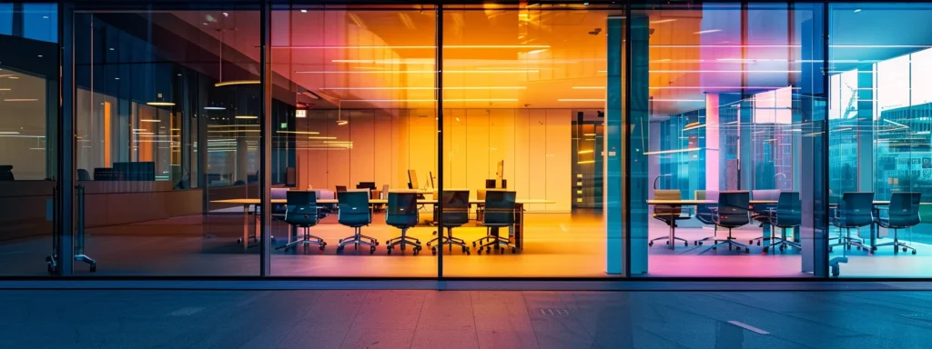 a dynamic urban office with sleek glass walls reflects the energy of a bustling team collaborating intensely around a modern, minimalist conference table, illuminated by artificial lights that accentuate the vibrant colors of their digital screens.