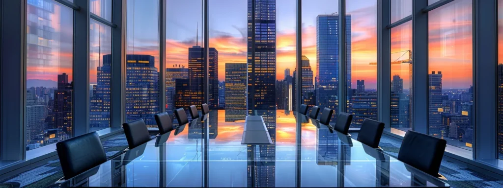 a polished, modern conference room featuring a sleek glass table surrounded by high-backed chairs, with city skyline views through expansive windows highlighting a vibrant urban setting at dusk.