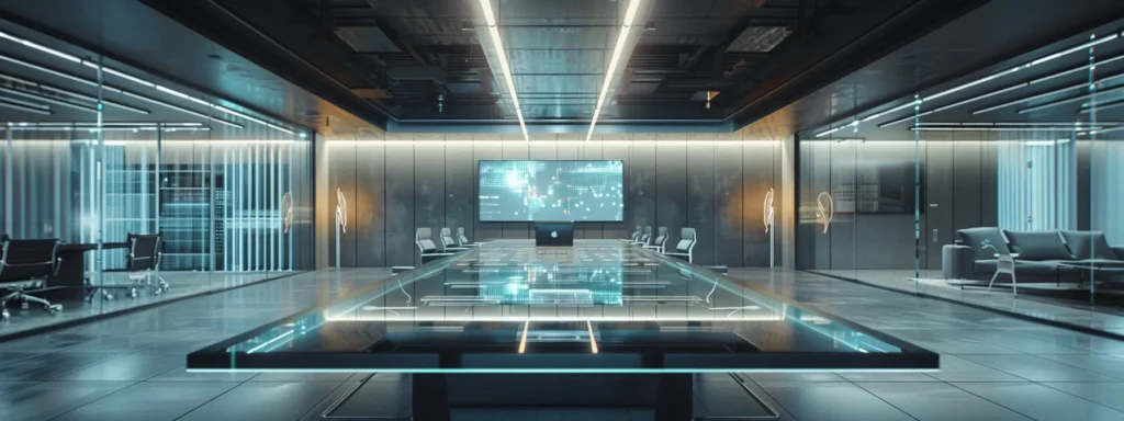 a sleek, modern office interior features a large glass conference table illuminated by dramatic overhead lighting, with a futuristic digital display presenting vibrant data visualizations.