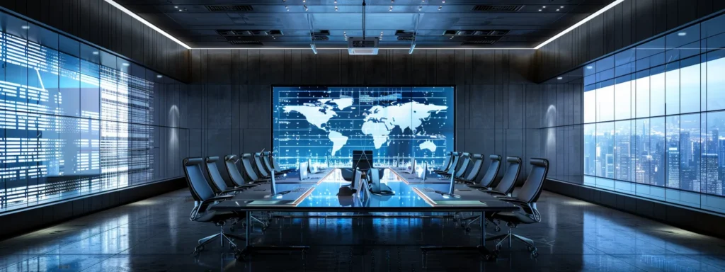 a sleek, modern office space features a glass conference table surrounded by dynamic, colorfully illuminated screens displaying vibrant data visualizations, emphasizing a futuristic approach to technology and collaboration.