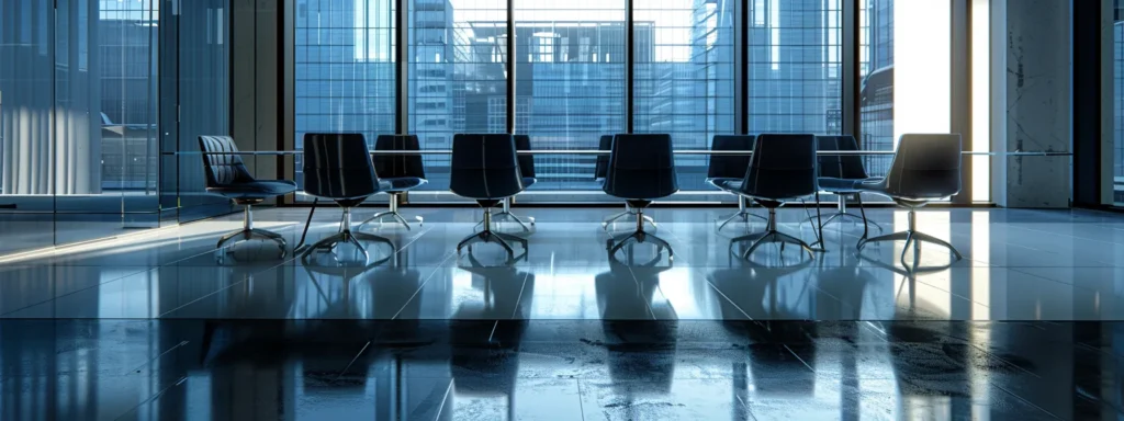 a sleek, modern office space featuring a large glass table surrounded by high-backed chairs, illuminated by dynamic led lighting that casts vibrant shadows, emphasizes a sense of innovation and collaboration.
